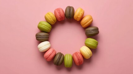 Obraz premium Colorful Arrangement of Delicious Macarons in a Circular Shape on a Soft Pink Background for Sweet Treats and Decorative Ideas