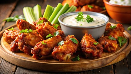Fototapeta premium Savory Spice Fest Crispy BBQ Chicken Wings with Crunchy Celery and Creamy Dip