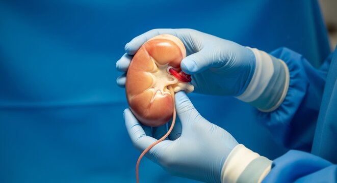 
Gemini berkata
An anatomical kidney model held by gloved hands in a clinical setting. This detailed medical illustration highlights renal structures and surgical preparation against a sterile blue ba