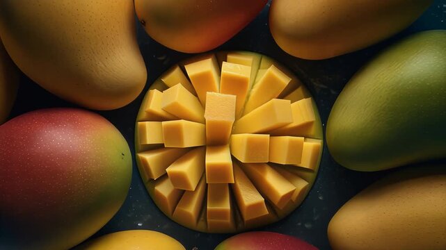 Vibrant mangoes arranged around a sliced mango, showcasing fresh tropical fruit in a cinematic still life, symbolizing abundance and healthy eating