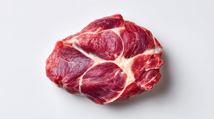Fototapeta premium Raw beef cut with rich marbling and vivid red color on a clean white background, ideal for culinary or nutrition-themed projects and advertisements