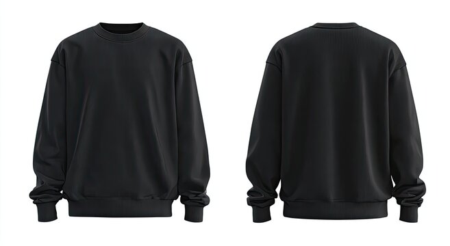 Front and back views of a plain, black, ribbed-texture, crew neck sweatshirt