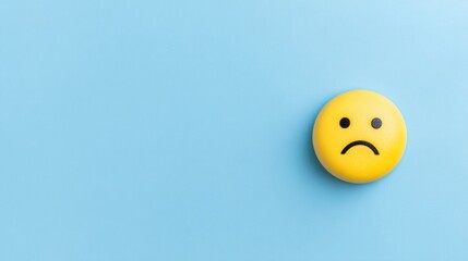 Fototapeta premium Round yellow unhappy face against pastel blue surface. Symbol of sadness, frustration and pessimism. Minimal negative emotion concept with modern clean aesthetic
