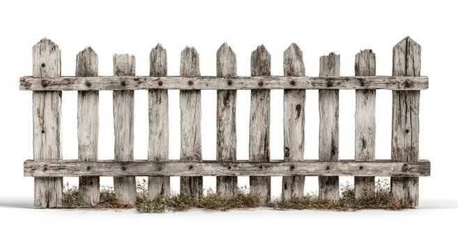Rustic weathered wooden picket fence isolated on white, with grass along the bottom
