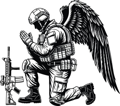 Military soldier in tactical gear with wings kneeling and praying, ar15 rifle, remembrance, fallen hero