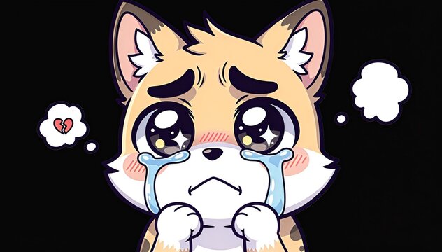 Cartoon Style Crying Kitten with Broken Heart Thought Bubble Illustration