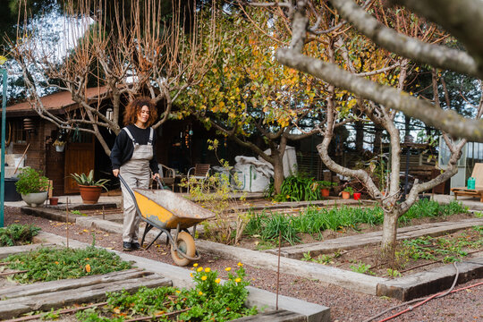 Young Woman Pushing Wheel Barrow While Gardening At Greenhouse