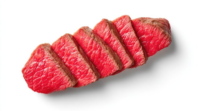 Freshly Sliced Tender Red Beef Pieces Displayed on a White Background for Culinary and Food Photography