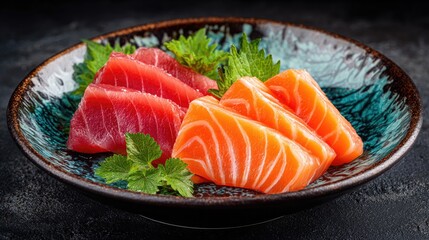 Fresh sashimi slices arranged on a decorative plate against a dark backdrop