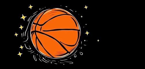 Obraz premium Whimsical line drawing of a basketball with a dribbling motion, stars and sweat drops, defeat, victory