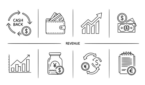 Revenue reduction and cashback finance linear icon set vector isolated on transparent background