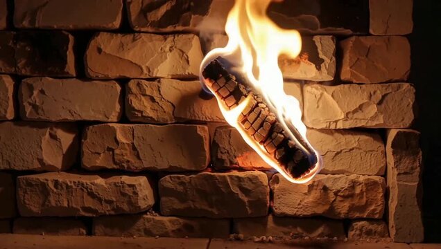 Burning Logs in Brick Fireplace