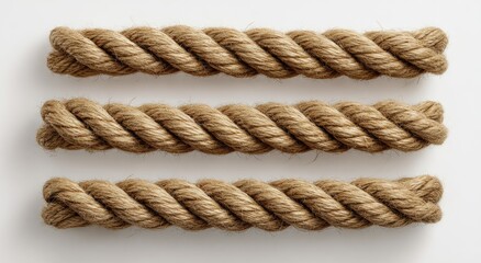 Fototapeta premium Three parallel sections of thick, twisted rope on a plain white background