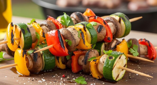 Delicious Grilled Vegetable Skewers with Mushrooms and Bell Peppers, Perfect for Outdoor Barbecues and Summer Parties