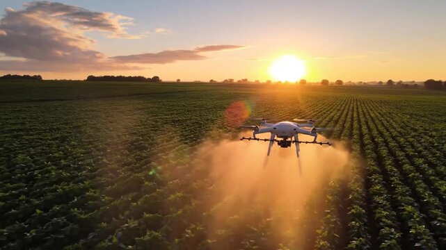 Drone spraying agricultural field at sunset