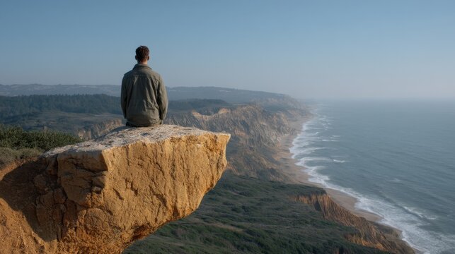 Serene View of a Man Sitting on a Rocky Edge Overlooking the Ocean and Cliffs at Sunrise, Embracing Nature's Beauty and Tranquility
