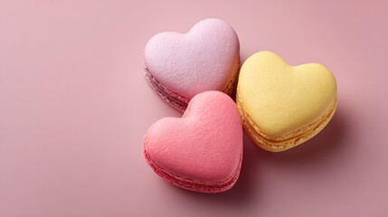 Fototapeta premium Heart-shaped macarons in pastel colors of pink, yellow, and lavender beautifully arranged on a soft pink background for a delightful dessert concept.