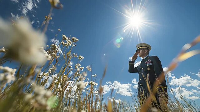 A solemn soldier salutes under bright sunlight, evoking respect and patriotism, ideal for military tributes.