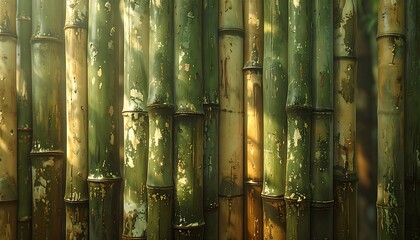 Obraz premium Close-up of bamboo stalks creating a wall, with varying shades of green, gold, and brown, bathed in soft light