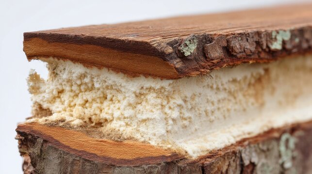 Close-up of cross-section of natural wood with bark, showing inner structure, cellulose layers, and textures, ideal for woodworking, nature, and material use