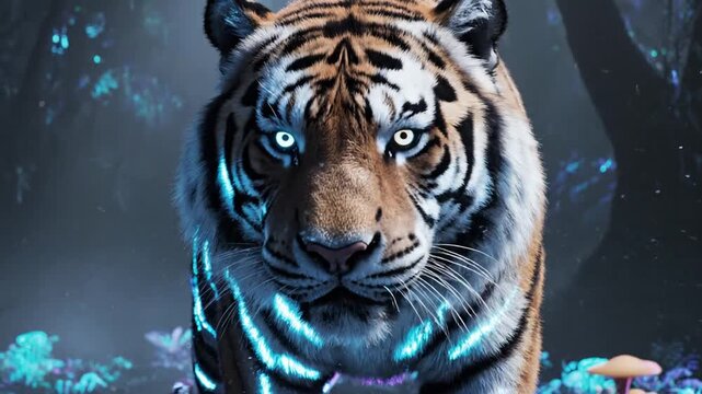 Fantasy tiger with glowing blue and purple stripes walking in a mystical bioluminescent forest at night