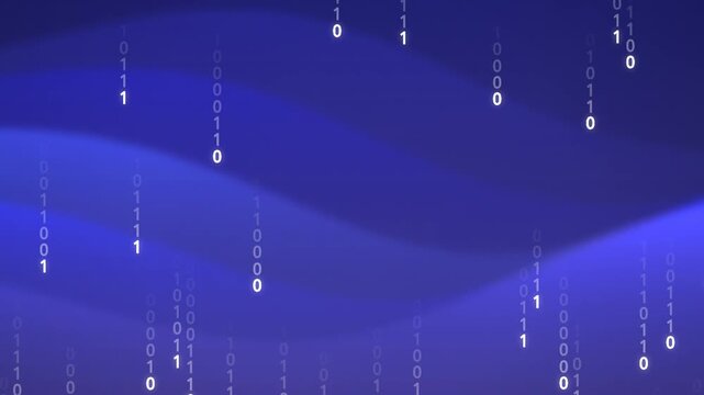 Digital Rain Binary Code Falling on Blue Background Abstract Data Stream.