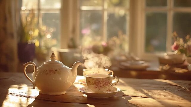 A cozy moment with steaming tea cups and a teapot bathed in soft sunlight, perfect for relaxation.
