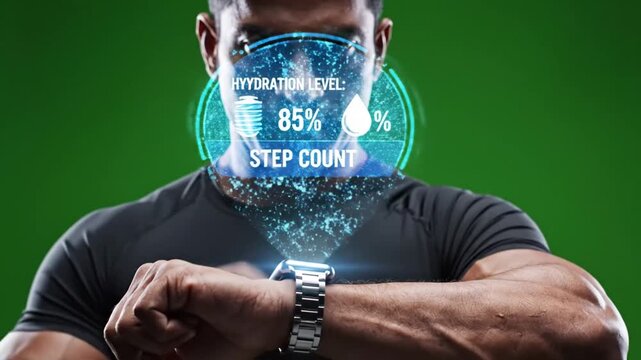 Athlete uses smartwatch displaying fitness data against a green backdrop