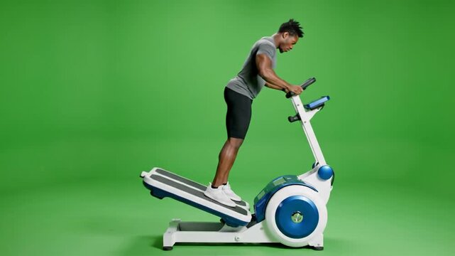 Man exercising on an elliptical machine with green screen backdrop