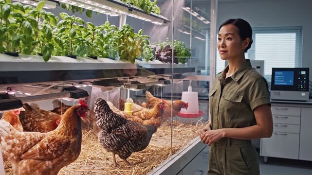Woman examining chickens and hydroponic plants in laboratory