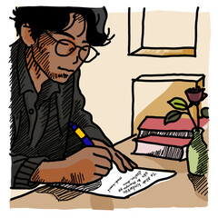 Hand-drawn illustration of a focused young man writing a letter or journaling at a desk with books and a rose, lo-fi aesthetic style.