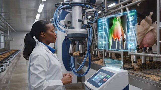 Woman interacting with futuristic data display in dairy farm