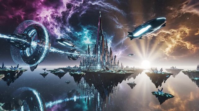 Futuristic city with towering skyscrapers and a ring-shaped space station on floating islands under a vibrant cosmic sky