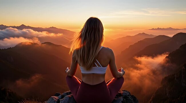 Woman meditating on a mountain peak at sunrise with hands in a lotus position, serene landscape, 'woman.mp4' reference