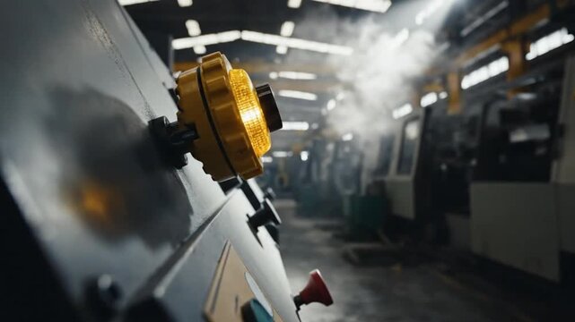 Buzzer Warning Light Flashing in Busy Industrial Factory Environment