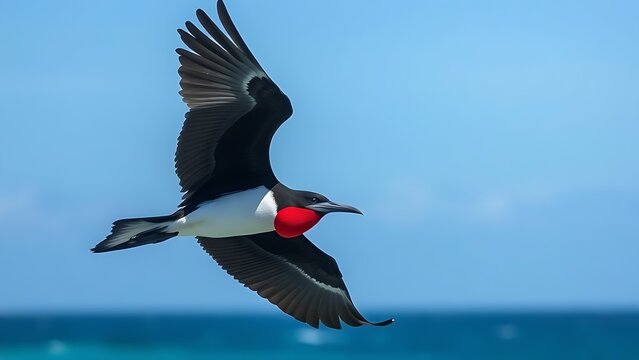 frigatebird. Magnificent frigatebird in flight, red throat pouch inflated against blue sky. wildlife magazines, conservation campaigns, designed for nature documentaries and education.
