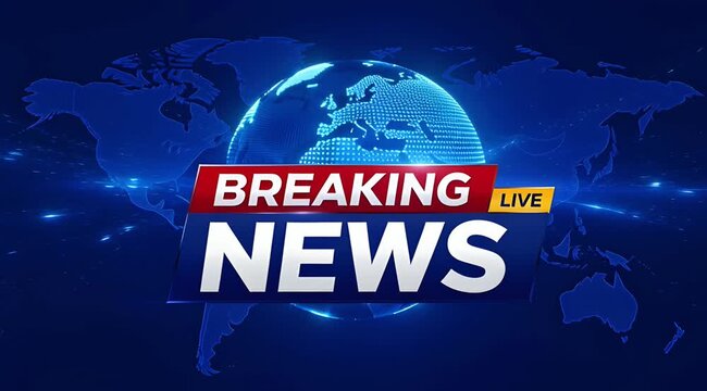 Global Breaking News Live Broadcast on Dark Blue World Map Background with Globe Focus