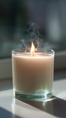 Close up of a lit candle with soft smoke in bright indoor lighting
