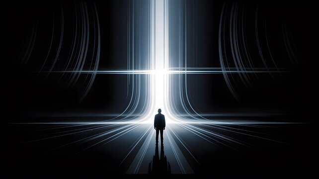 Lone silhouette of a man standing in a futuristic tunnel with bright light ahead, symbolizing hope, discovery, and the unknown.