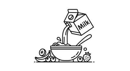 Delicious breakfast bowl with milk pour and fresh fruit