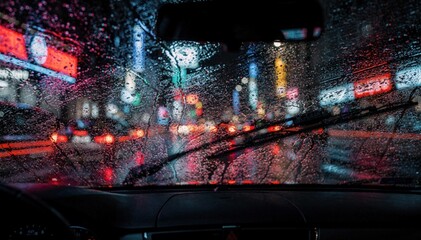 Naklejka premium Nighttime windshield shot with heavy rain distorting neon signs and passing vehicles windshield wipers creating streaks that enhance the dramatic scene.