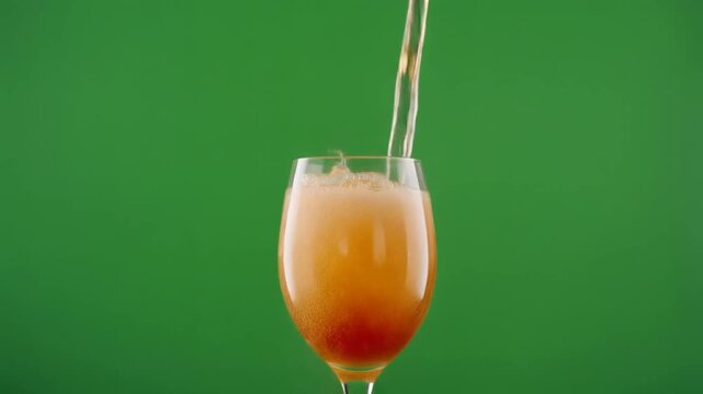 Dynamic close-up shot of a vibrant amber and orange beverage being poured into an elegant stemmed glass, generating a delightful cascade of effervescent fizz and a frothy head