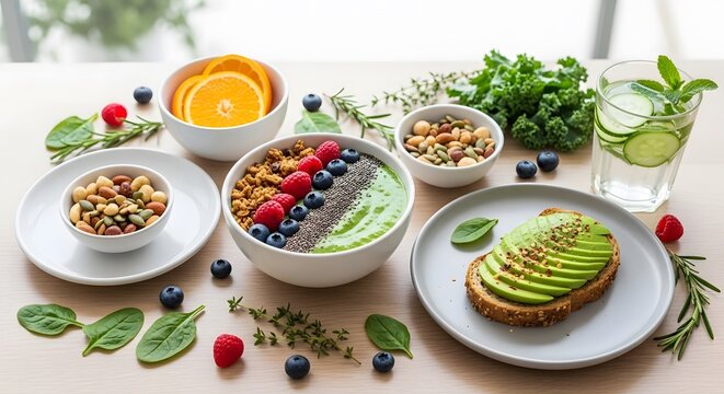 Healthy breakfast setting with avocado toast and fresh fruit bowls on a table, surrounded by herbs and berries