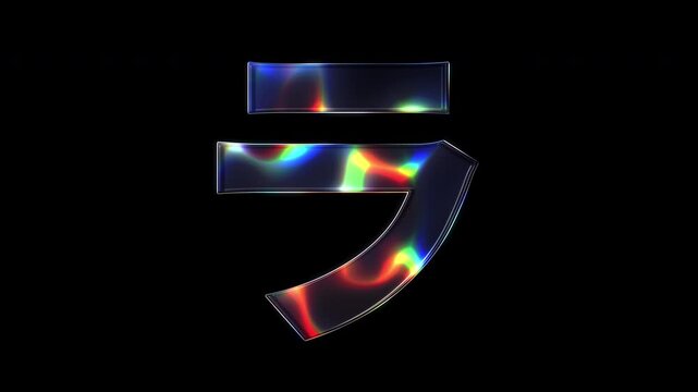 A Japanese Katakana "ラ" with various colors of light sparkling on its glass-like surface with alpha channel. Seamless loop video.