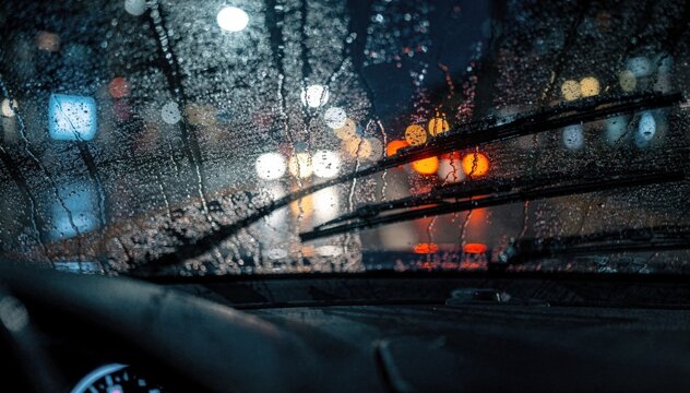 Heavy rain hits a car windshield at night water streaming down wipers rhythmically sweeping creating a blurred moody urban atmosphere.