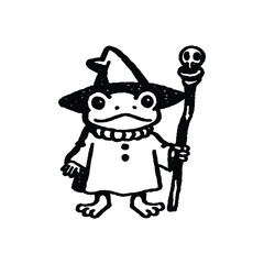 Black and white illustration of a wizard frog character with a pointed wizard hat and long robe holding a wooden stick in a hand drawn style vector art