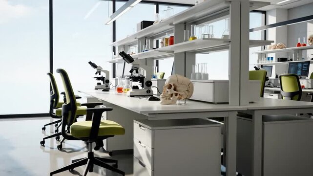 Modern Scientific Research Laboratory with Advanced Equipment and Skull.