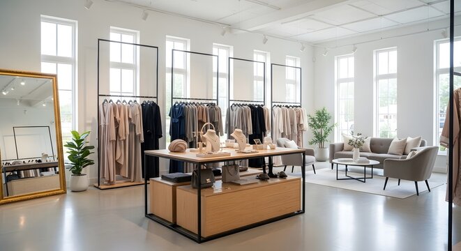 Modern retail space showcasing clothing displays and comfortable seating areas
