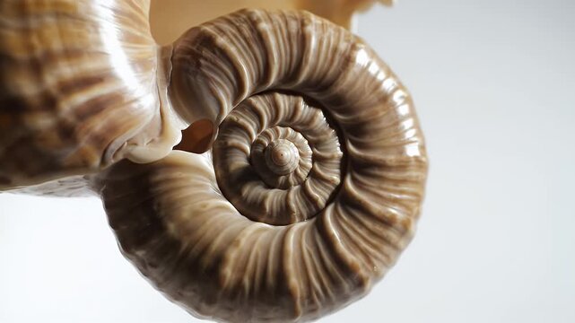 Detailed view of a nautilus shell spiral showing intricate chambers and natural patterns in soft studio lighting