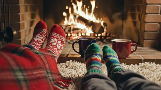 Two people's feet in warm patterned socks by a cozy burning fireplace with mugs.